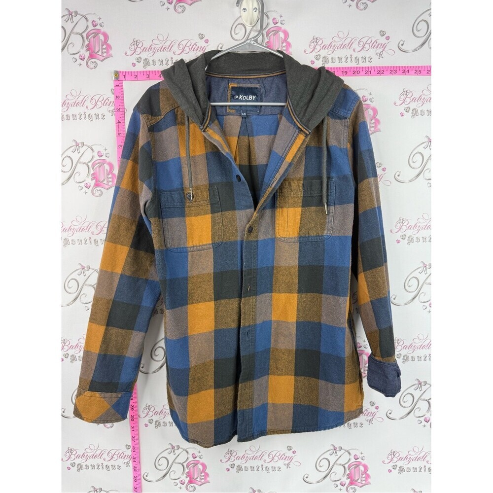 Kolby button up hooded Men's Blue & orange Plaid Hooded Shirt Jacket